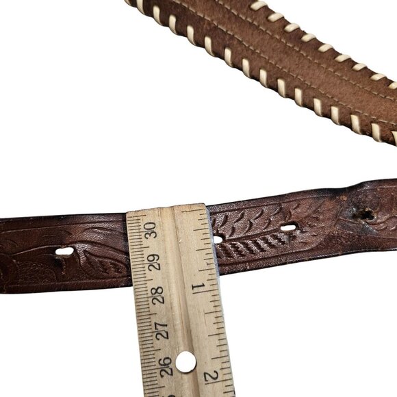 Vintage Tooled Steerhide Leather Belt With Beaded Design Metal Buckle 32" - Picture 6 of 7